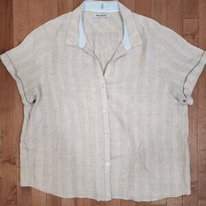 Tommy Bahama Shirt Women L/XL Beige Linen Button Up Short Sleeve Resort